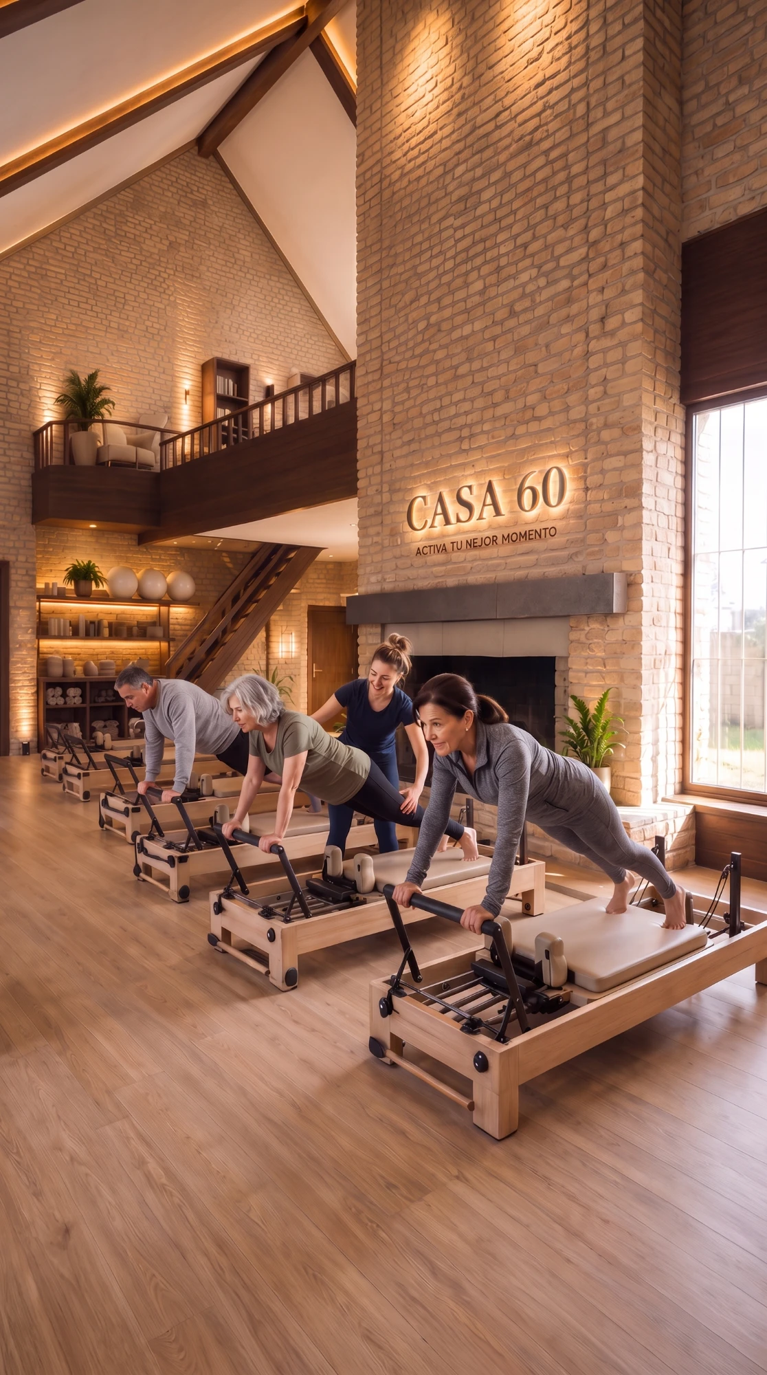 Clase de pilates en grupo en una sala de doble altura con chimenea y paredes de ladrillo