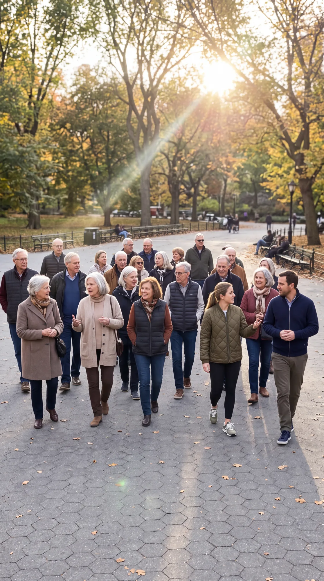 Un grupo de socios camina y conversa por un parque arbolado en una tarde de otoño